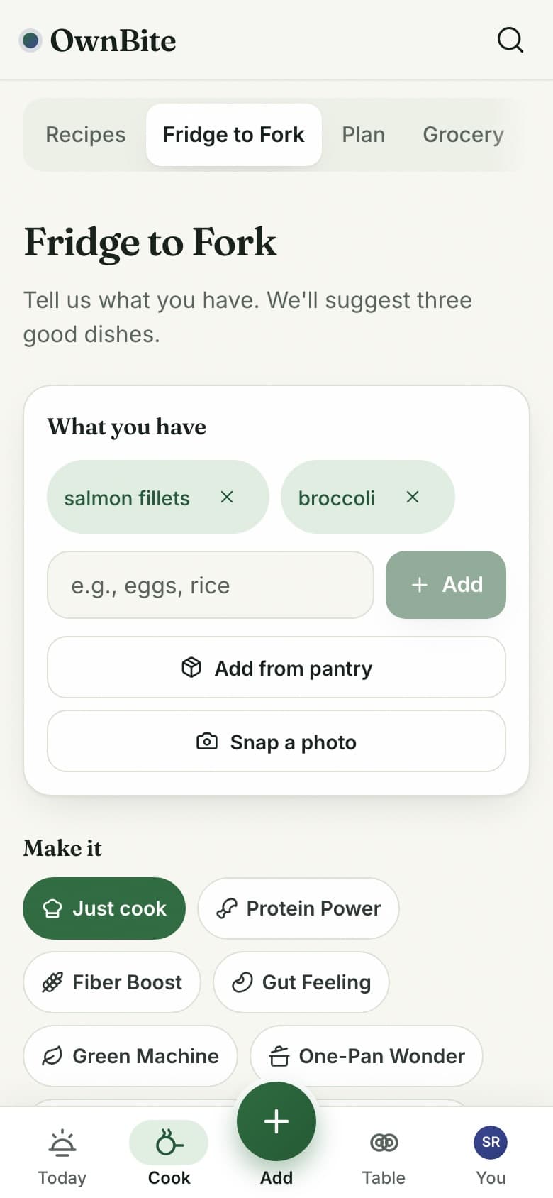 Fridge to Fork screen listing salmon fillets and broccoli, with buttons to add from pantry or snap a photo.