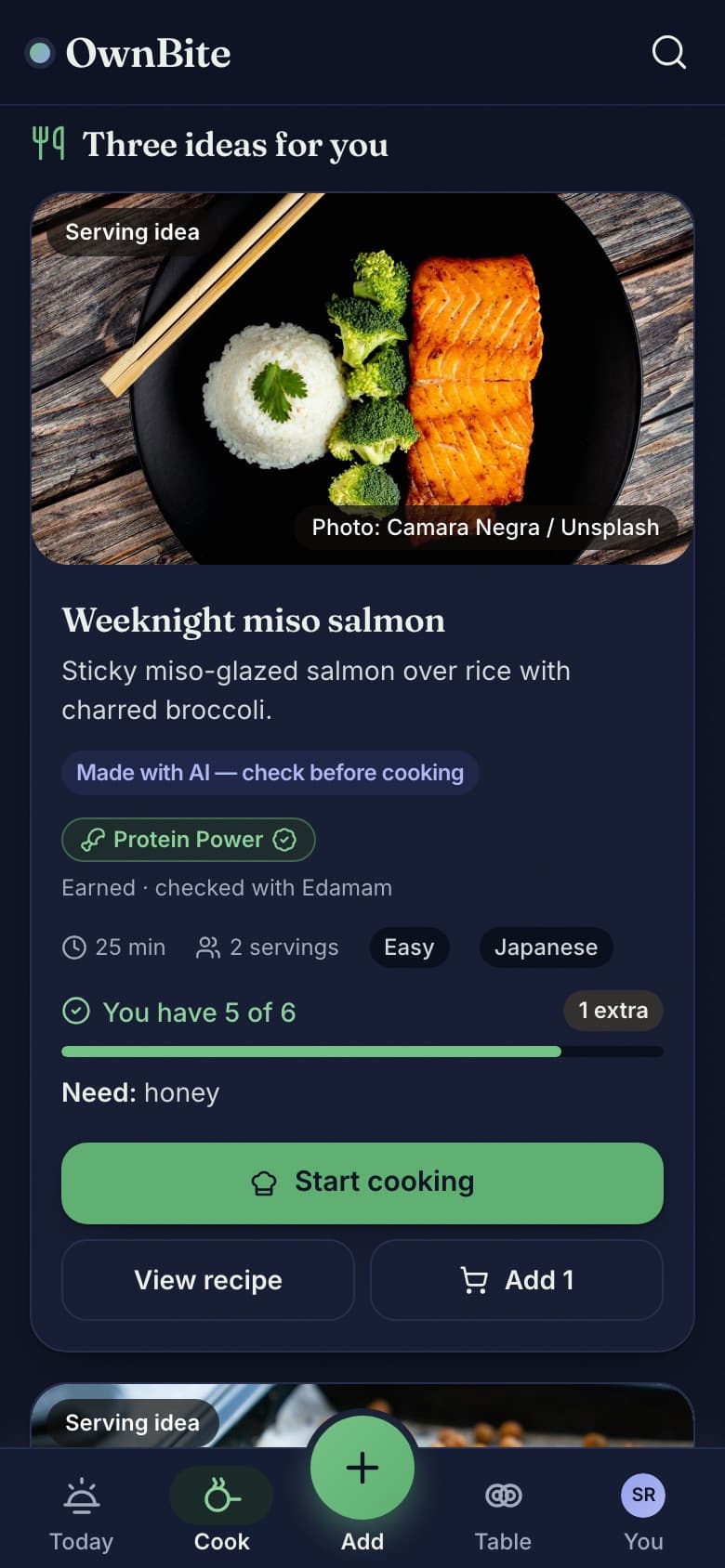 A Fridge to Fork result: Weeknight miso salmon, labelled Made with AI and Protein Power, with "You have 5 of 6".