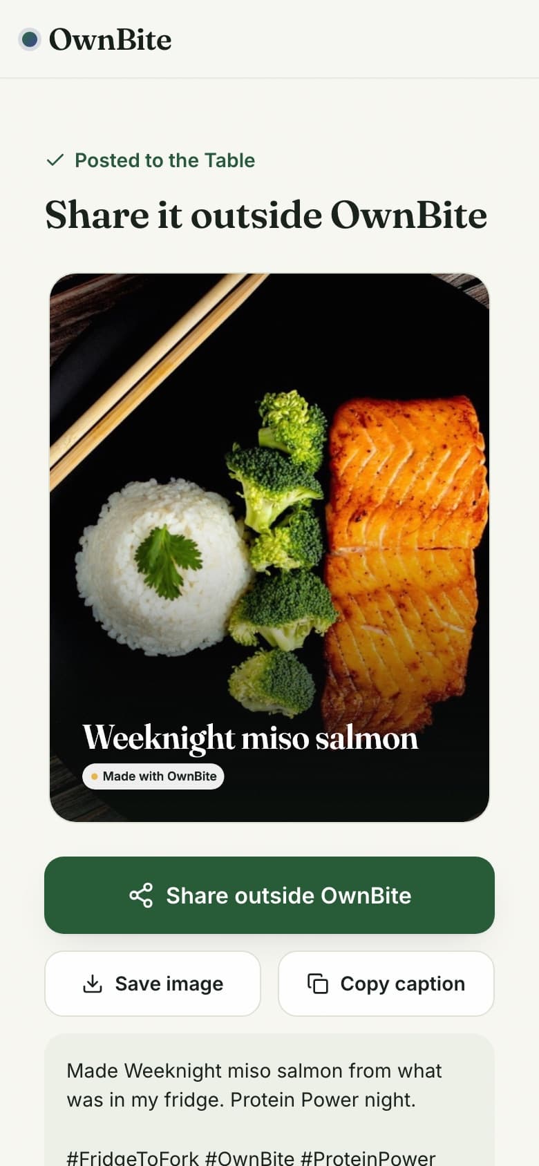 Share screen with a photo card of the dish and buttons to share outside OwnBite, save the image or copy the caption.